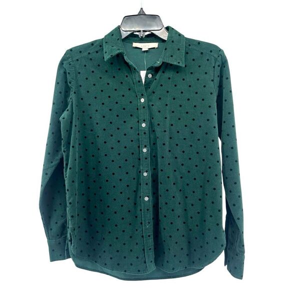 LOFT Women’s Green Black Velvet Dot Corduroy Everyday Button Front Shirt XS - Picture 3 of 14